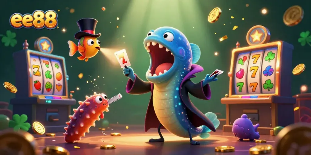 Experience the magic of ee88 with a vibrant 3D casino illustration featuring lively characters and slot machine elements.