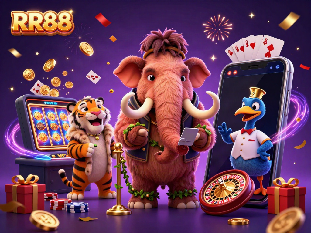Engage with RR88's vibrant casino world featuring a mammoth bouncer, saber-tooth VIP, and dodo doorman.