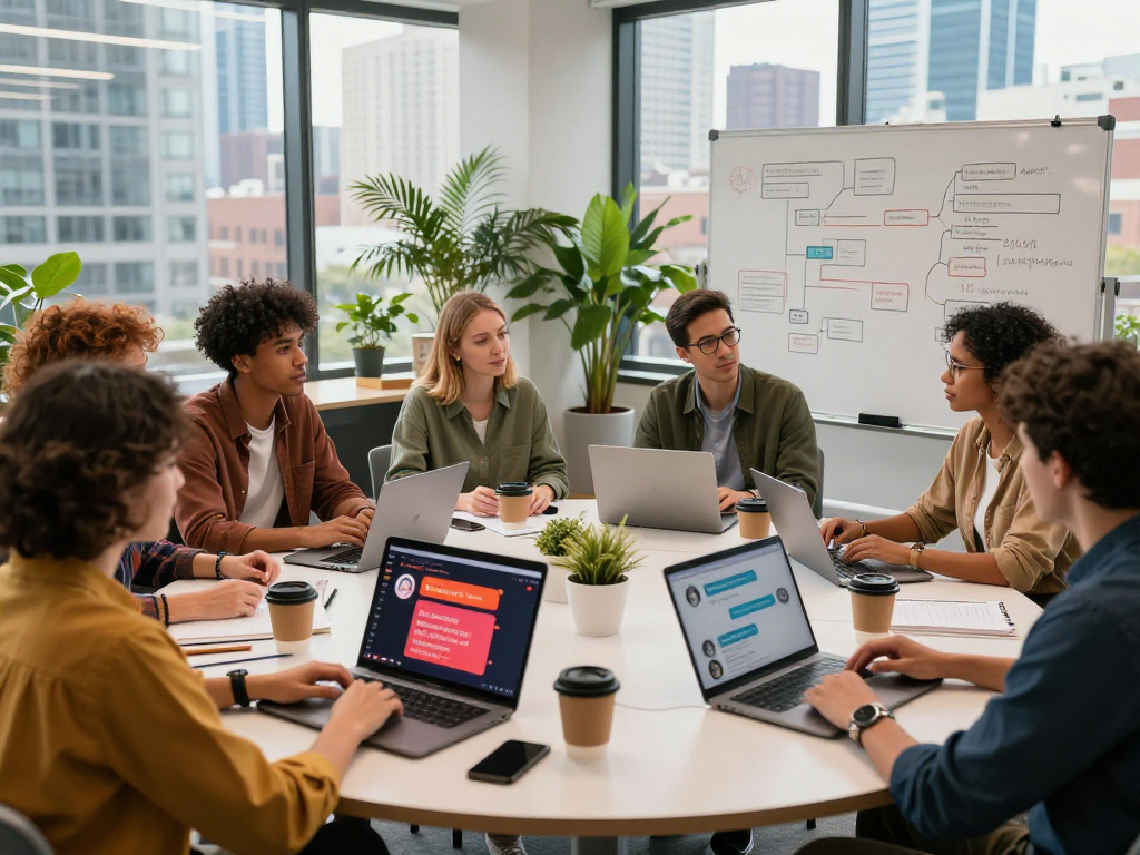 Collaborative brainstorming session featuring spicy chat AI tools in a modern tech workspace
