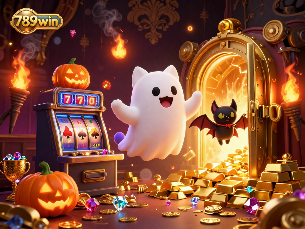 Experience big wins at 789win with a floating ghost cat and magical casino elements.