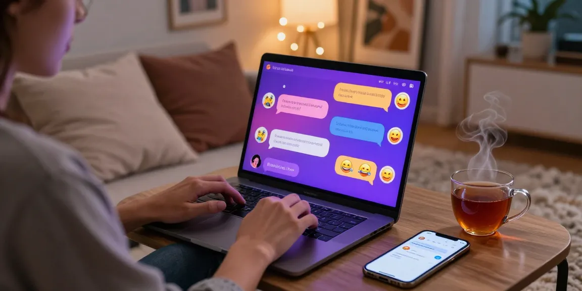 Engaging sex AI chat scene featuring a user interacting with a lively chat interface in a cozy, inviting setting.