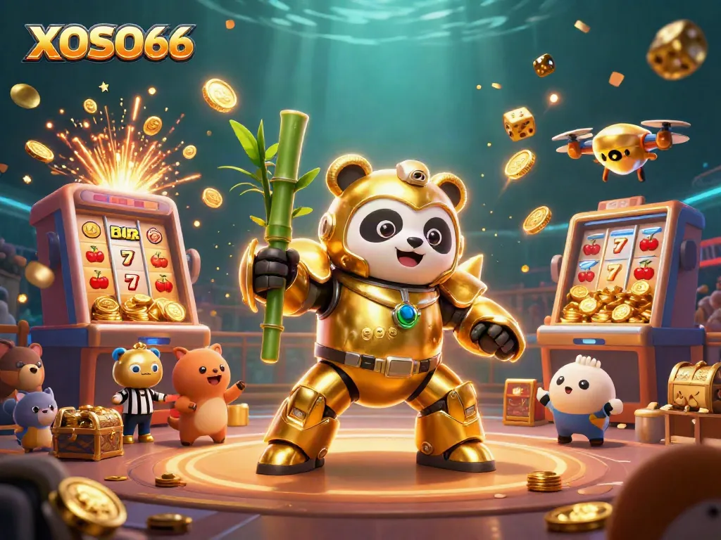 XOSO66 showcases a vibrant 3D gaming scene with a golden panda in a mech suit amidst dynamic casino elements.