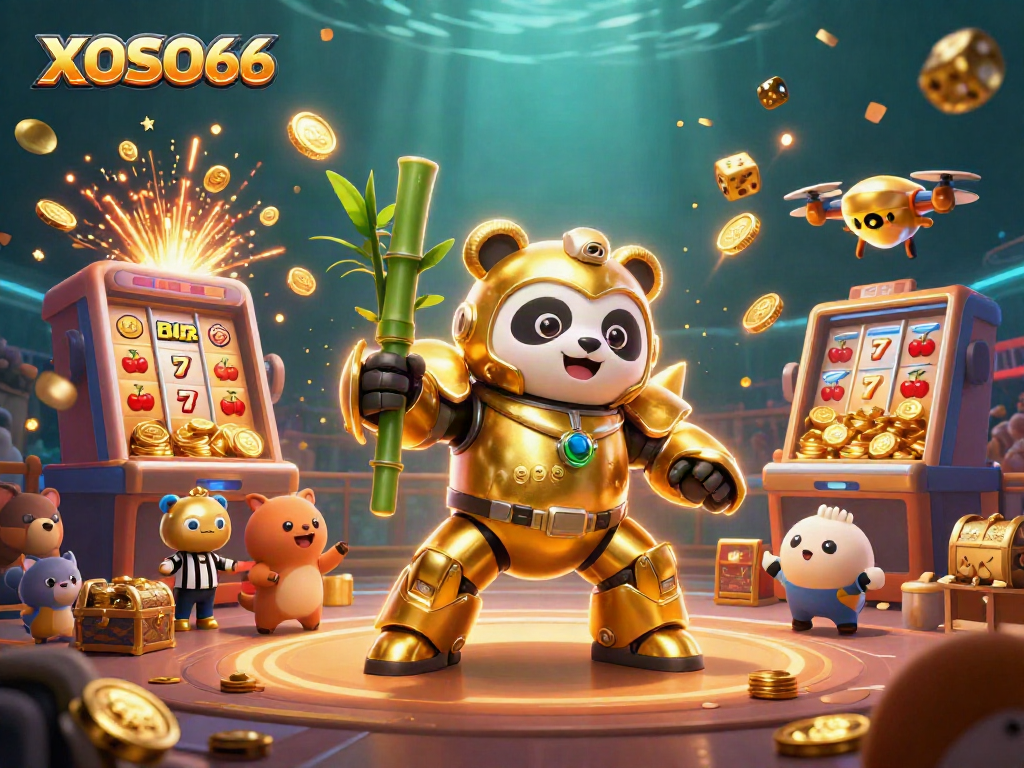 XOSO66 showcases a vibrant 3D gaming scene with a golden panda in a mech suit amidst dynamic casino elements.