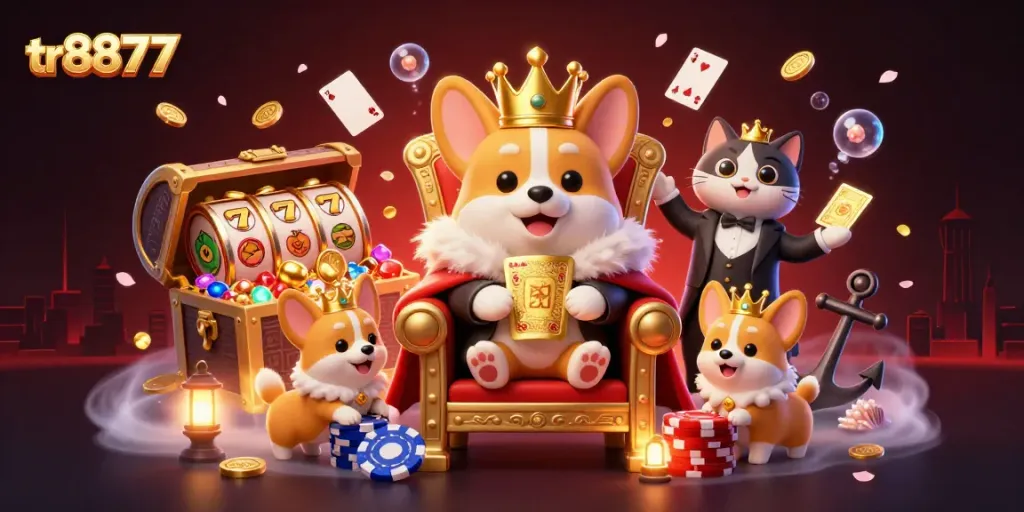 tr8877 brings excitement with a royal corgi on a poker chip throne in a vibrant casino scene
