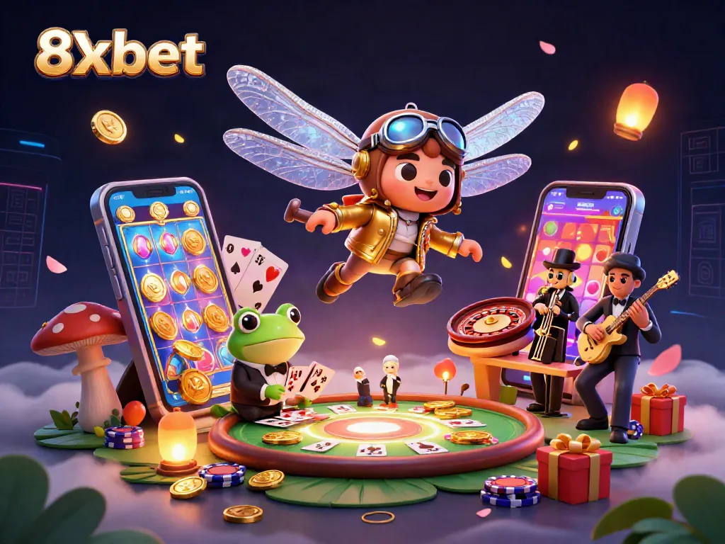 Engage with 8xbet's vibrant casino scene featuring a dragonfly pilot, frog croupier, and more.