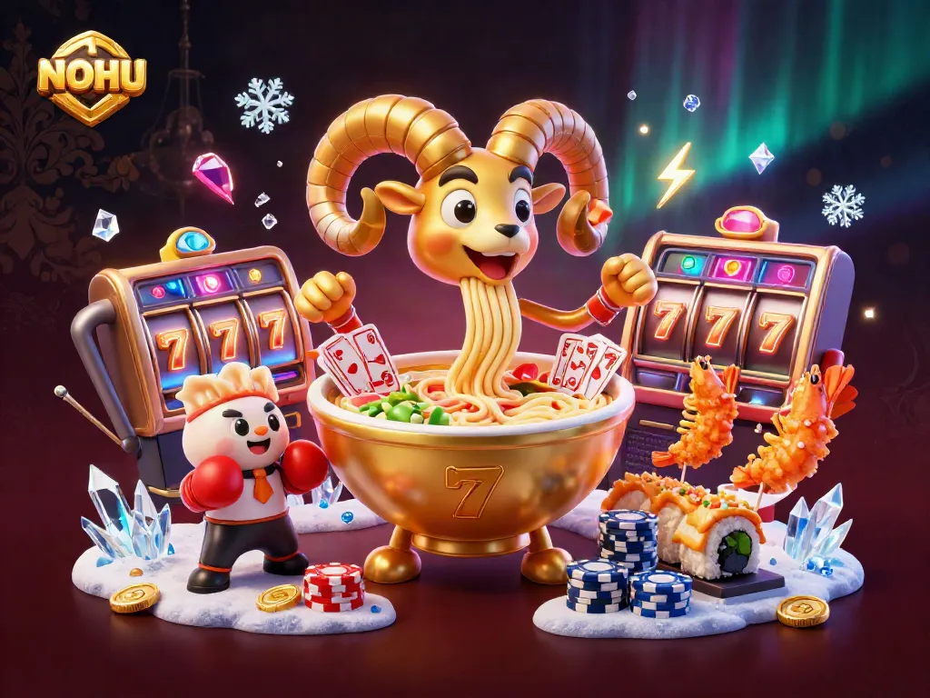 Experience the excitement of NOHU with vibrant 3D characters celebrating casino slots in a colorful scene.