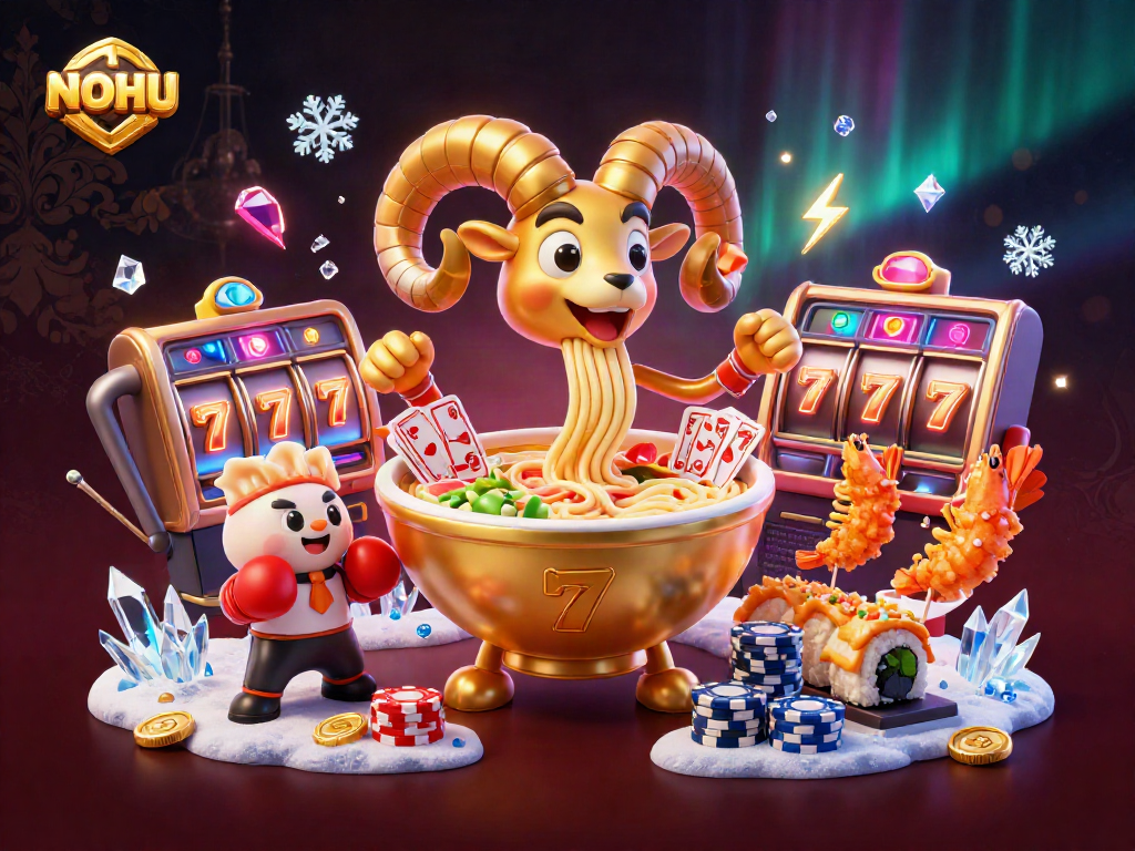 Experience the excitement of NOHU with vibrant 3D characters celebrating casino slots in a colorful scene.