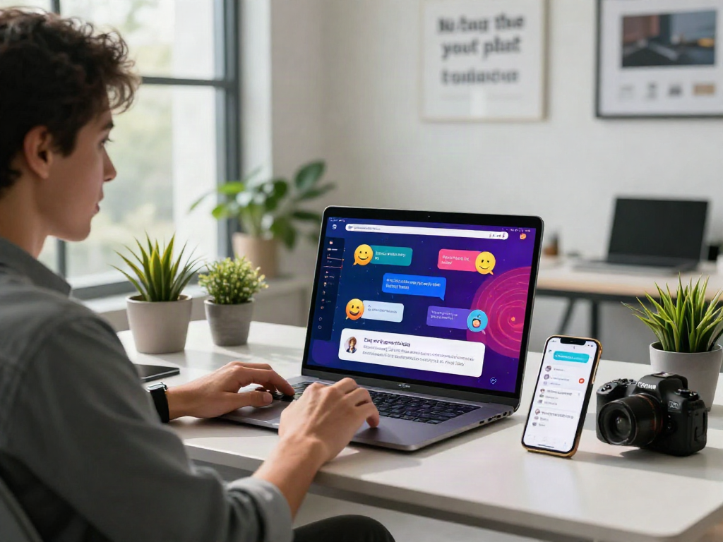 Engaging workspace showcasing spicy chat ai interaction with vibrant digital UI elements and motivational decor.