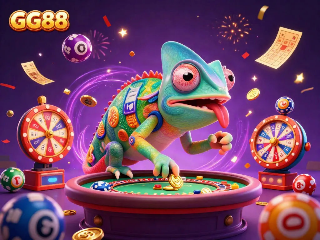Catch the excitement of GG88 with a vibrant chameleon casino owner surrounded by lottery elements and festive energies.