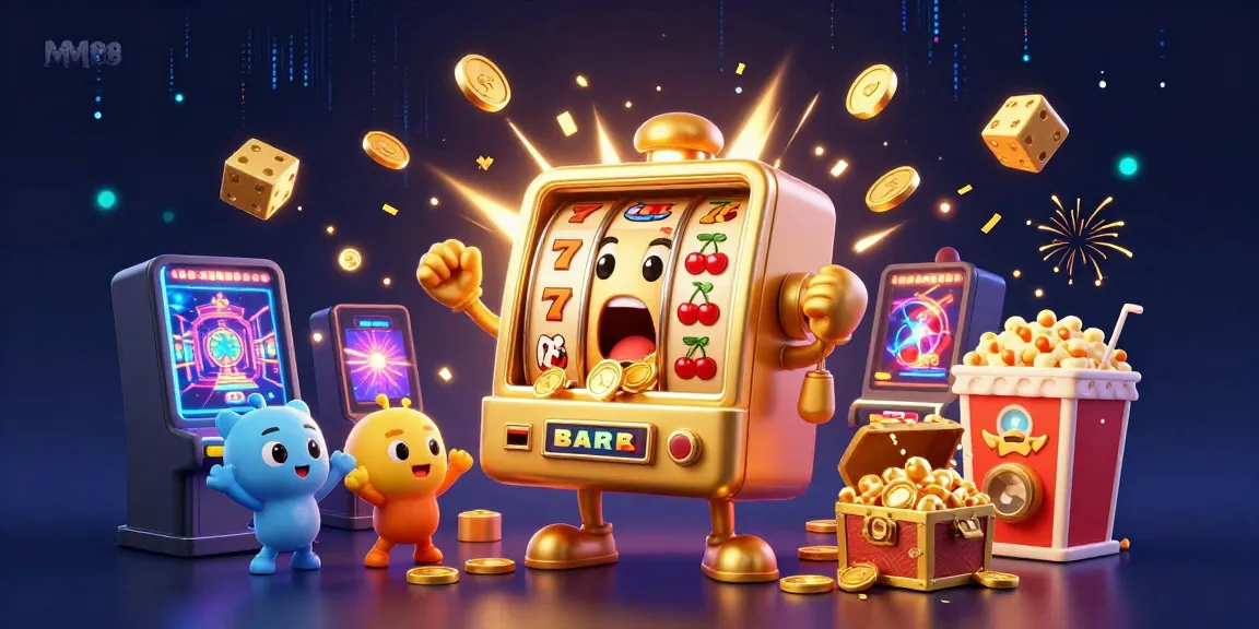 MM88 slot machine celebrates a jackpot victory with coins pouring out, amidst cheering baby slots.