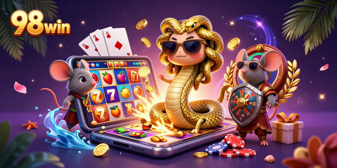 Experience the thrill of 98 win gaming with Medusa and a warrior mouse amid dynamic slot fun.