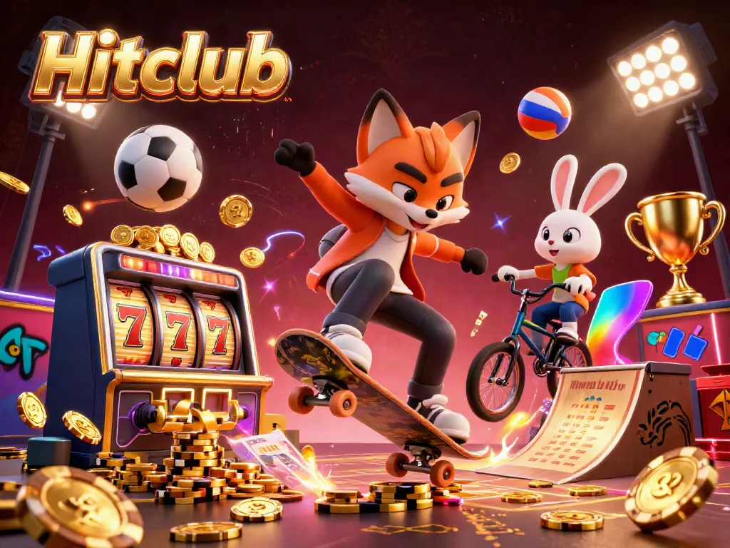 Experience the thrill of Hitclub with a vibrant 3D scene full of casino elements, dynamic characters, and gaming excitement.