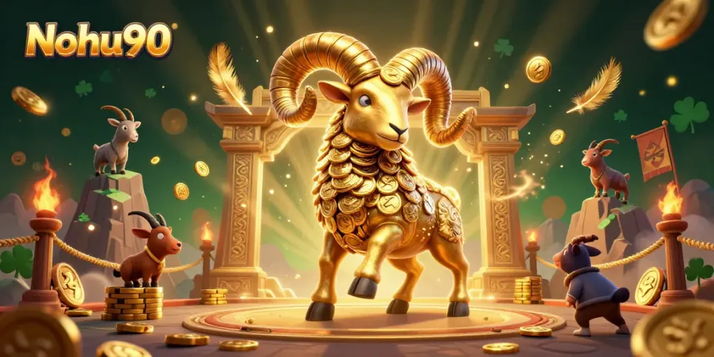 Experience thrilling bets at Nohu90 with a vibrant 3D scene of golden ram charging through a dynamic casino