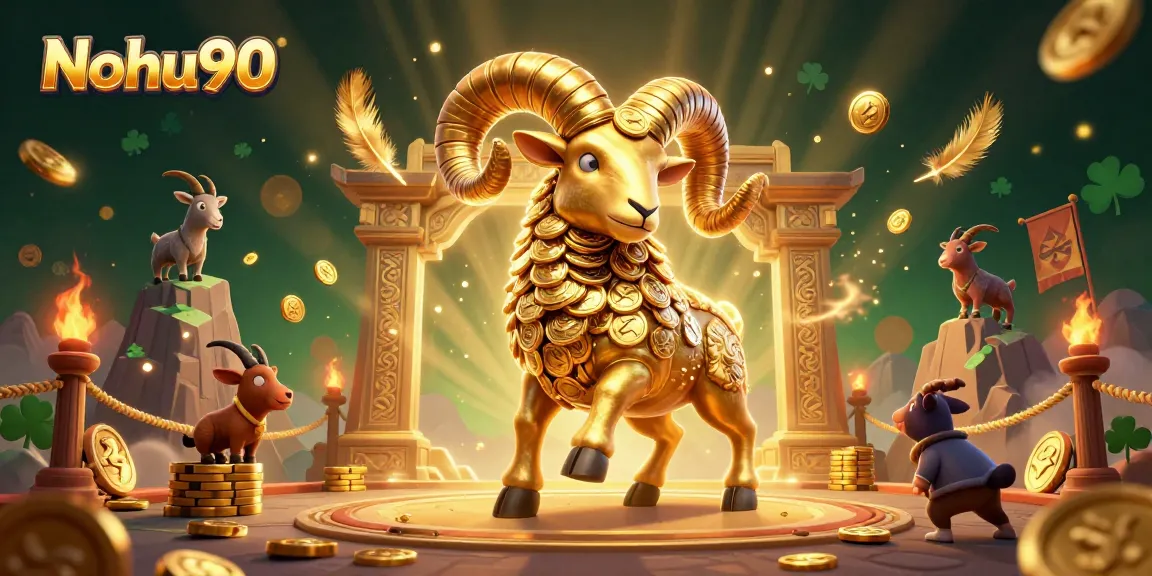 Experience thrilling bets at Nohu90 with a vibrant 3D scene of golden ram charging through a dynamic casino
