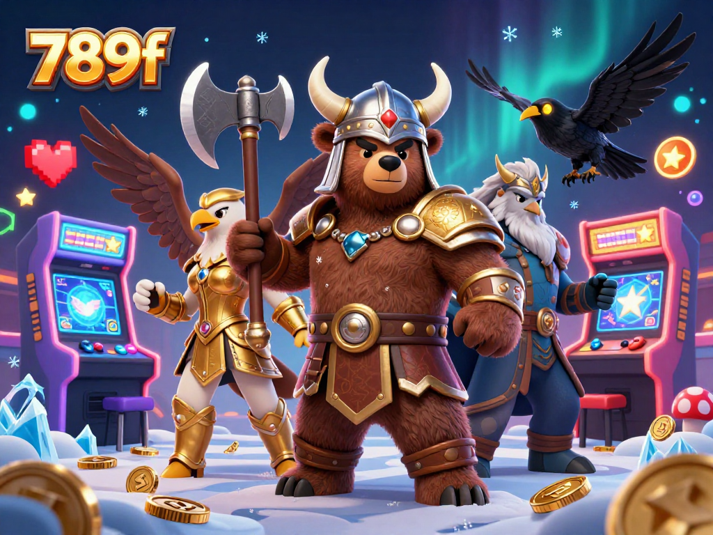 Play exciting games at 789f, with a spirited Viking bear, Valkyrie eagle, and glowing runes enhancing the casino atmosphere.