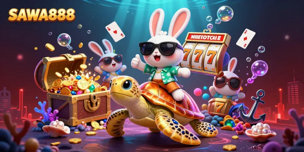 SAWA888 showcases a vibrant scene of fun and excitement with a lucky rabbit, golden turtle, and slot game elements.