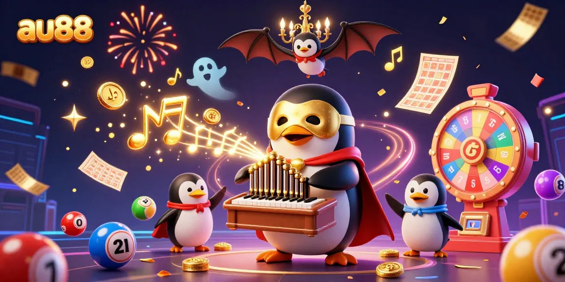 Engage in gaming excitement with au88 as the penguin plays golden coins from an organ amidst a dynamic casino scene.