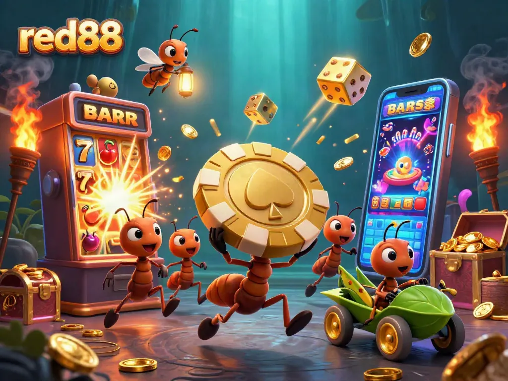 red88 ants heist cartoon illustration with golden poker chip and casino elements
