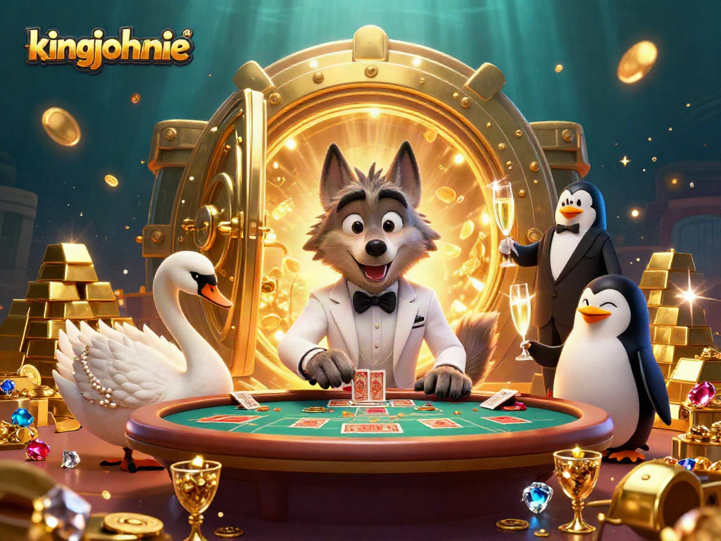 Play thrilling online pokies at kingjohnnie, featuring vibrant characters and lively casino elements.
