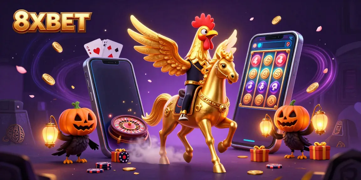 Experience the thrill of 8XBET with a vibrant casino scene featuring gambling elements and unique characters.