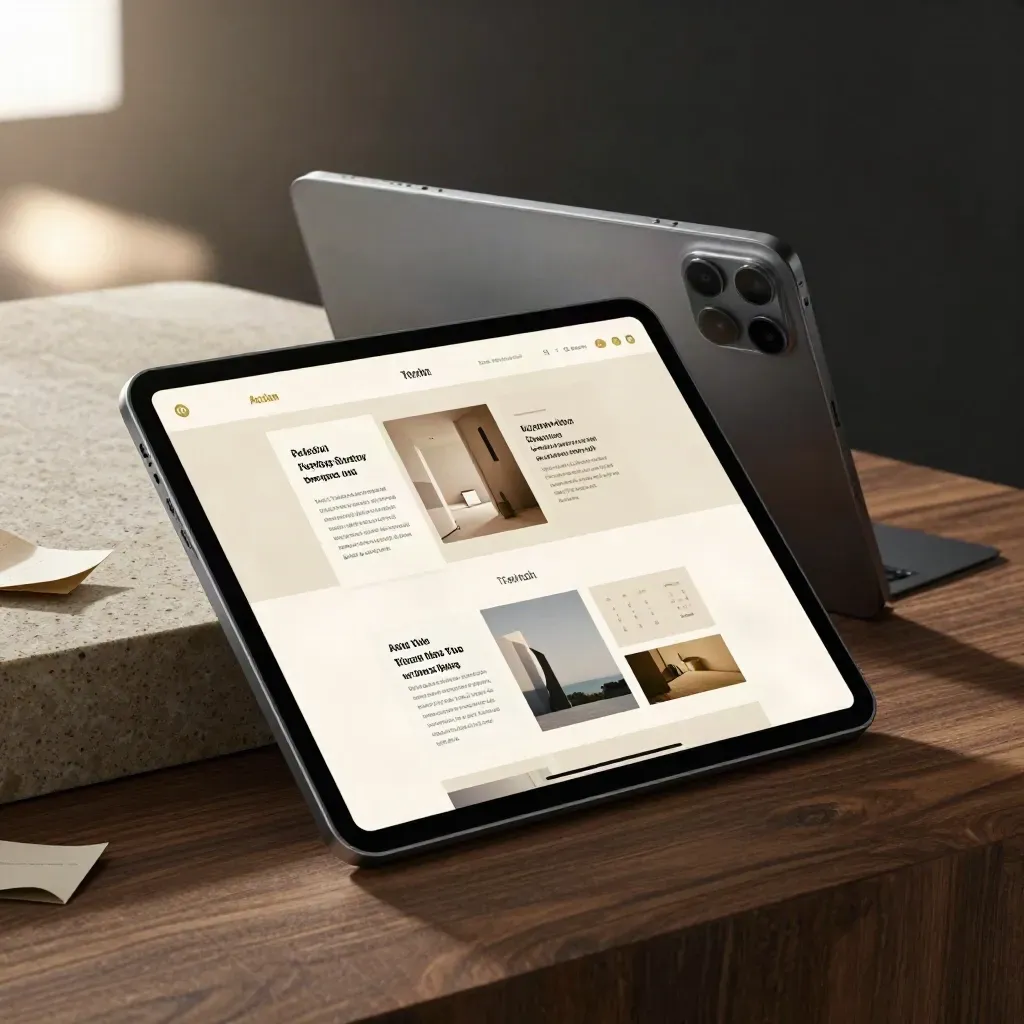 Tablet con landing page modulare, secondo dispositivo sfocato e blocchi cartacei astratti su base in legno.