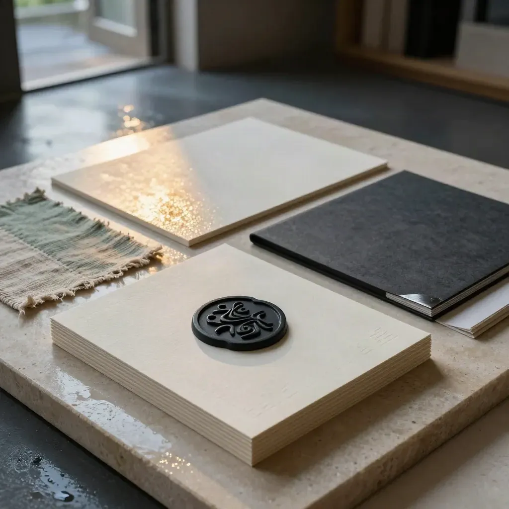 Campioni di brand identity su pietra bagnata, con carte avorio e luce dorata.