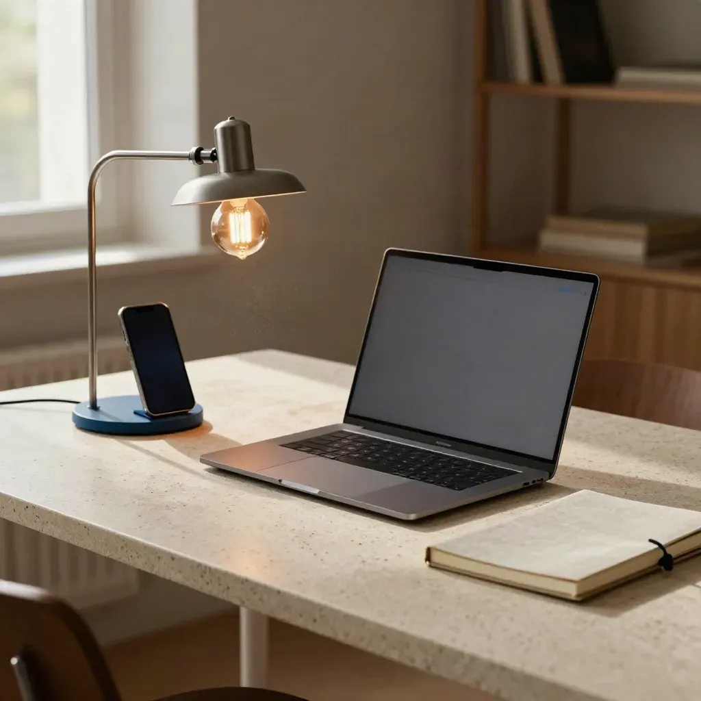 Setup responsive in studio: laptop chiuso, smartphone su stand e lampada su tavolo in pietra.