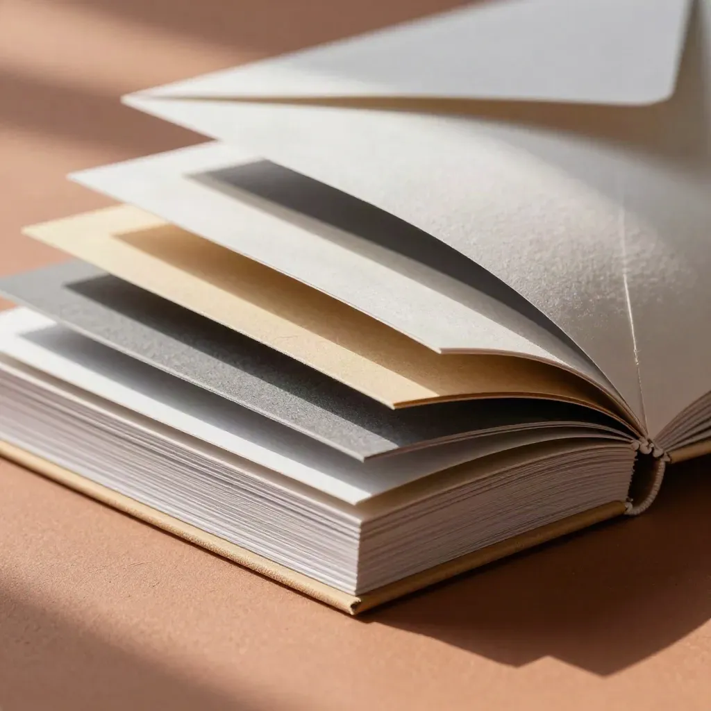 Dettaglio macro di materiali stampa premium su piano in terracotta, con bordi netti e finiture pregiate