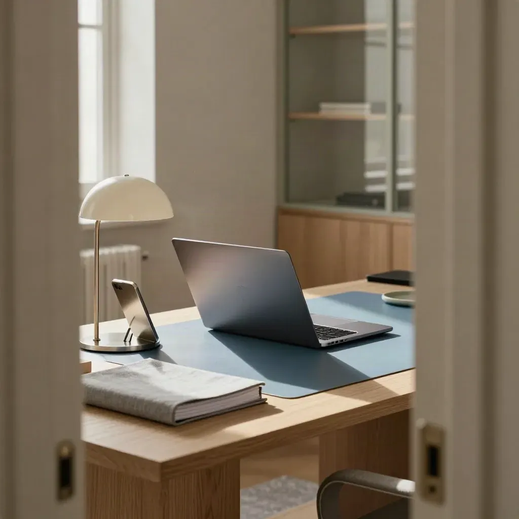 Scrivania consulenziale con laptop chiuso, lampada sobria e portadocumenti in ufficio elegante