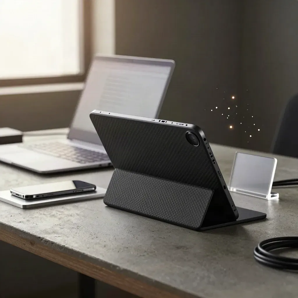 Tablet, laptop e telefono su setup live con luci astratte, atmosfera premium per startup.