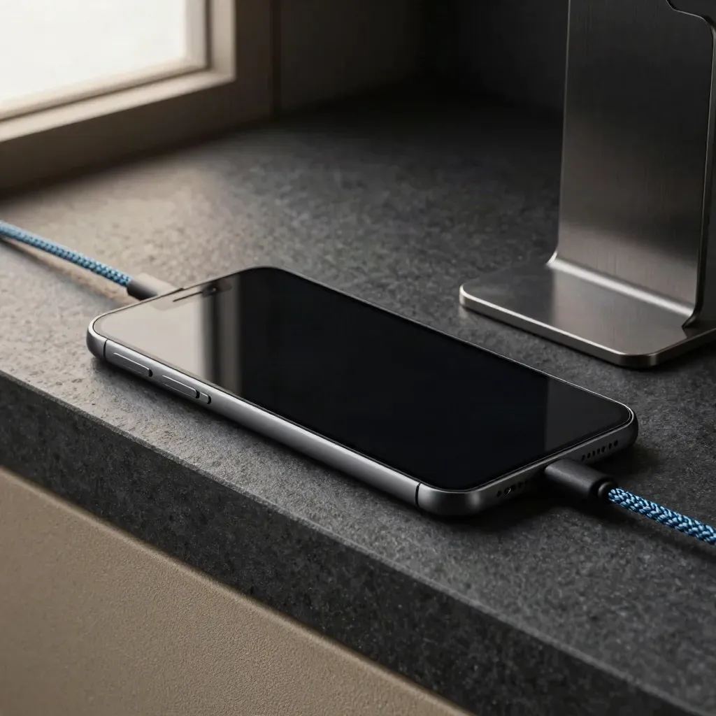 Tablet opaco, telefono nero e cavo intrecciato su supporto in metallo, luce radente.
