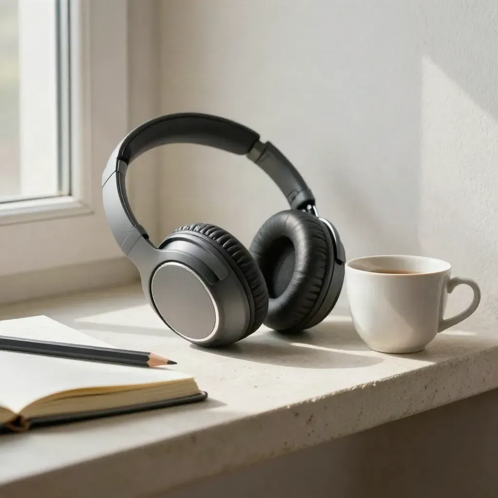 Cuffie over-ear, taccuino chiuso, matita e tazza su mensola in pietra, luce morbida.