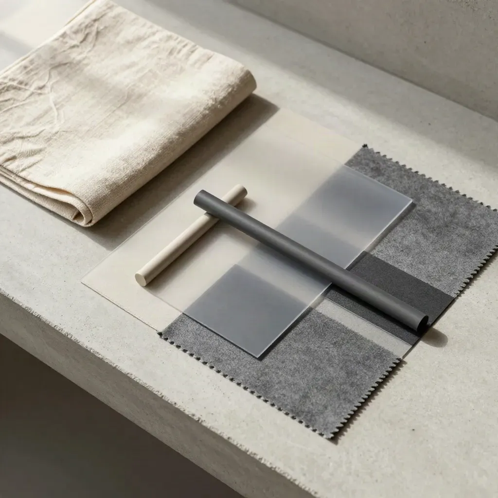 Flat lay di campioni tessuto, chip colore e acetato su cemento con luce morbida.