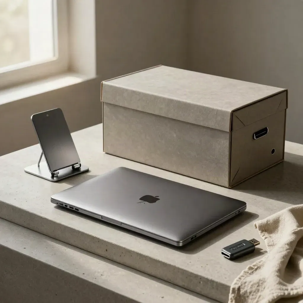 Kit finale su vassoio in pietra con laptop chiuso, box rigido, supporto tablet e chiave USB.