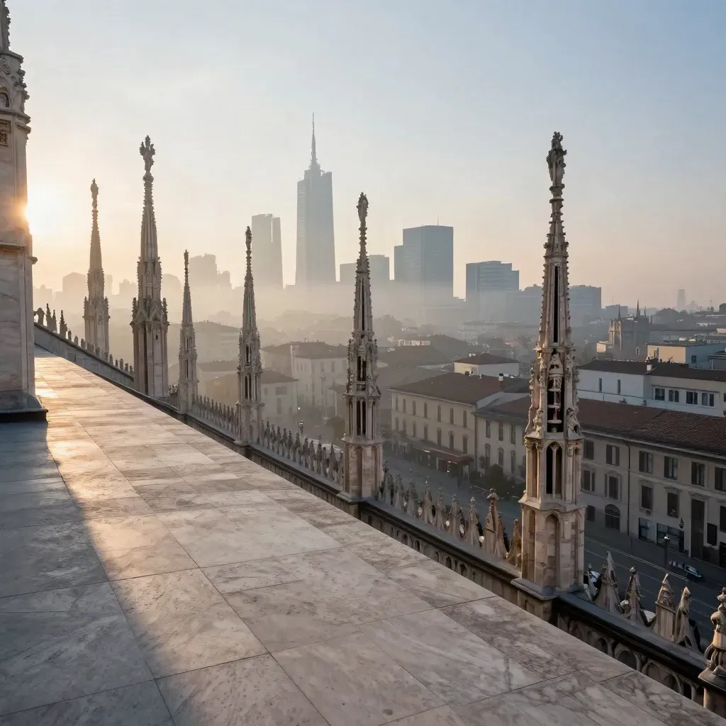 Milano all’alba con il Duomo e Porta Nuova tra bruma dorata su terrazza in travertino