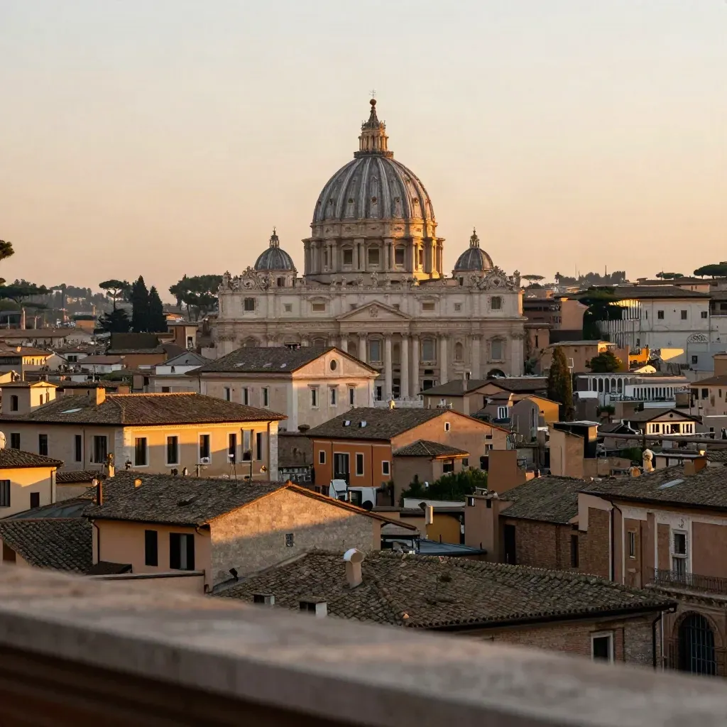 Roma al tramonto con cupole e archi sopra tetti caldi e una città velata di caligine.