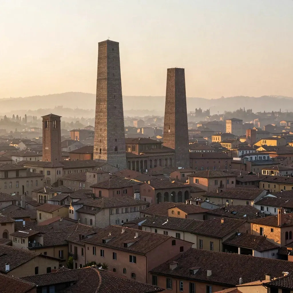 Bologna lontana nella nebbia dorata, torri alte sopra tetti di terracotta e portici sfumati