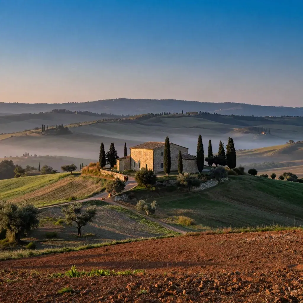 Paesaggio collinare italiano al tramonto con cipressi lontani e luce dorata.