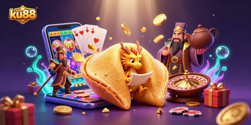 Spin the reels with ku88 as a golden fortune cookie and wise dragon reveal winning fortunes in a vibrant scene.