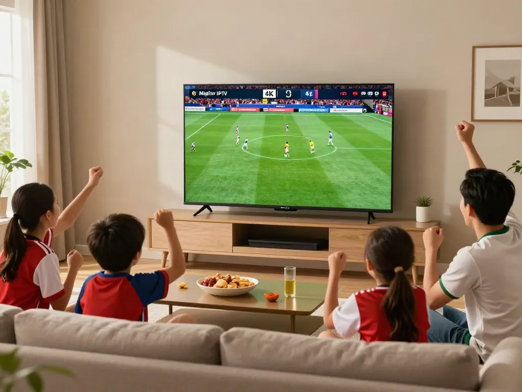 Family enjoying Miglior IPTV live sports in a cozy living room setting