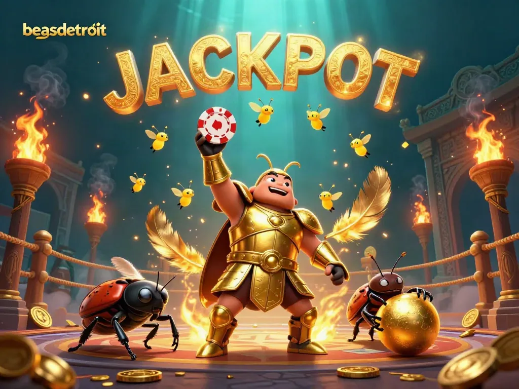 Engage in thrilling gameplay at beasdetroit with a cartoon beetle champion celebrating a big win.