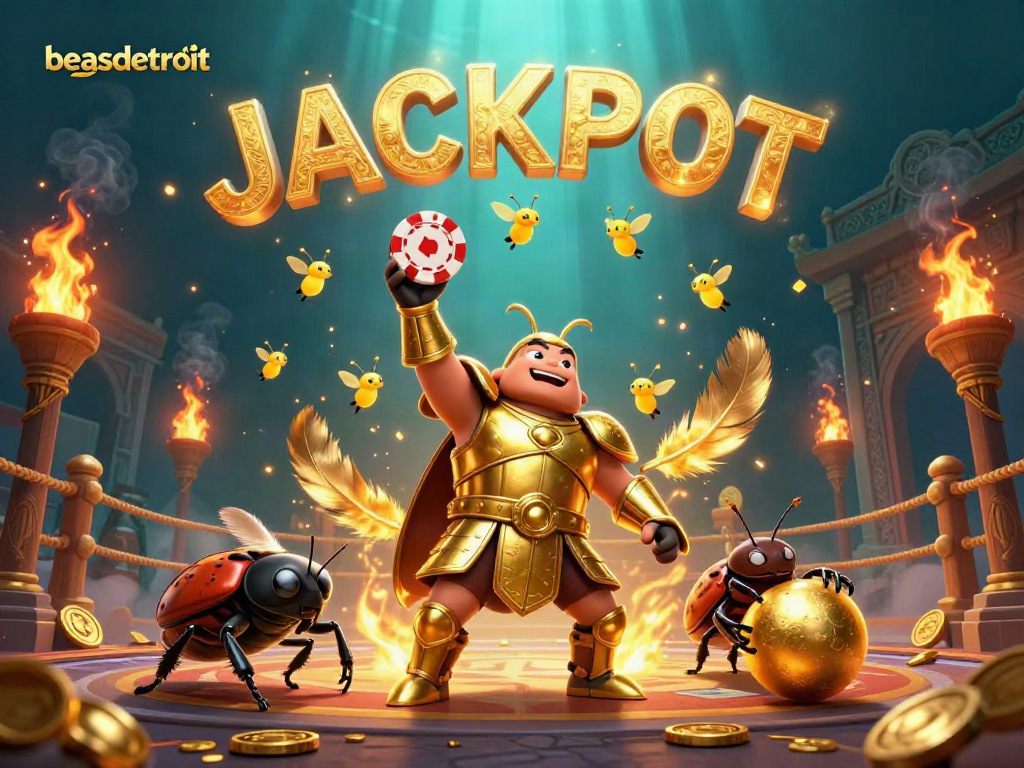 Engage in thrilling gameplay at beasdetroit with a cartoon beetle champion celebrating a big win.