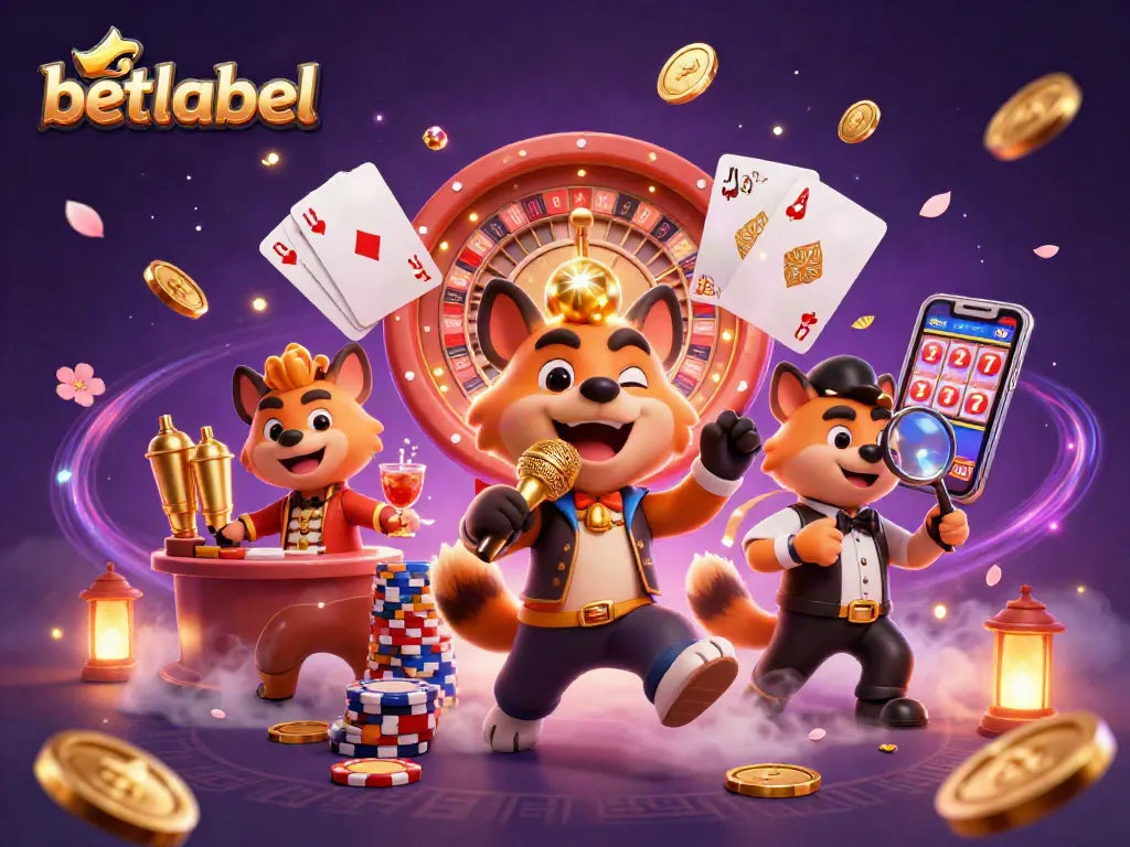 Betlabel casino scene with hyenas enjoying comedy while surrounded by casino elements and golden rewards.