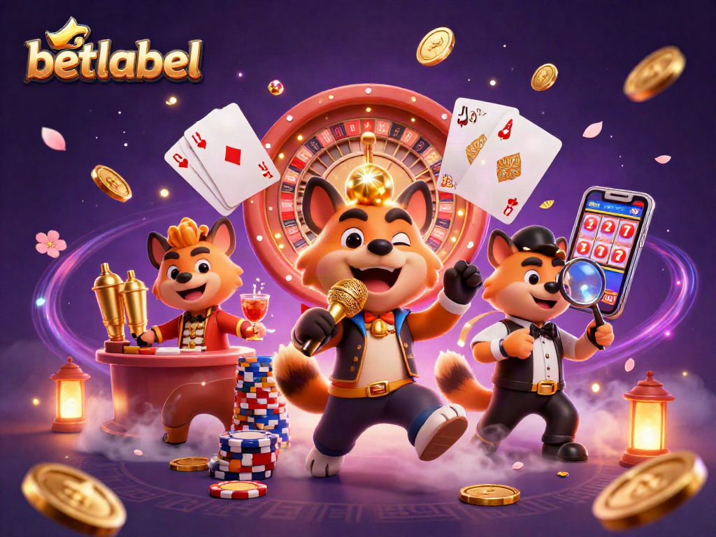 Betlabel casino scene with hyenas enjoying comedy while surrounded by casino elements and golden rewards.