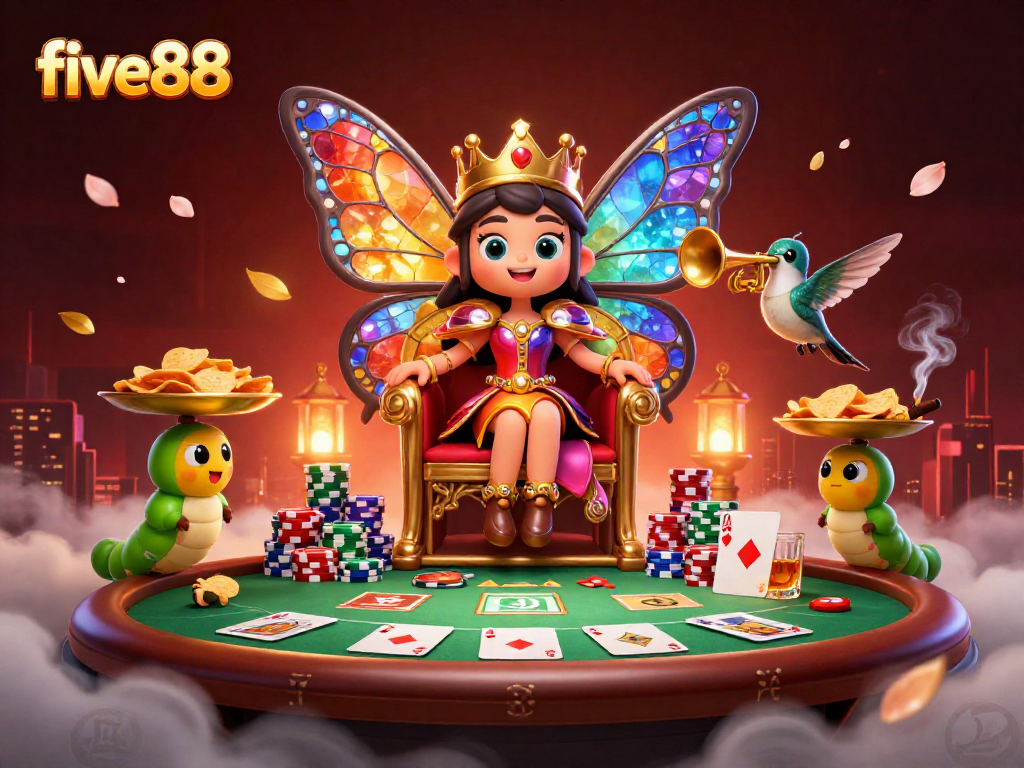 Engage with five88's vibrant casino atmosphere featuring a butterfly queen and playful gamblers.