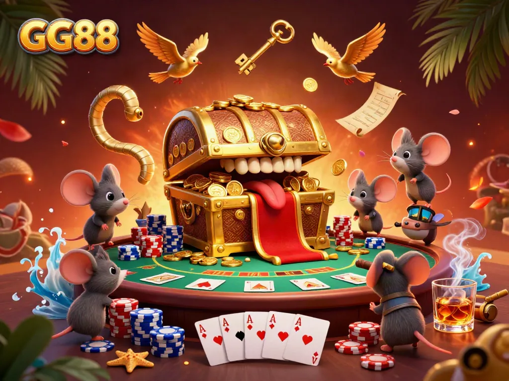 Engage with GG88's vibrant casino experience showcasing treasure, poker chips, and adventure.