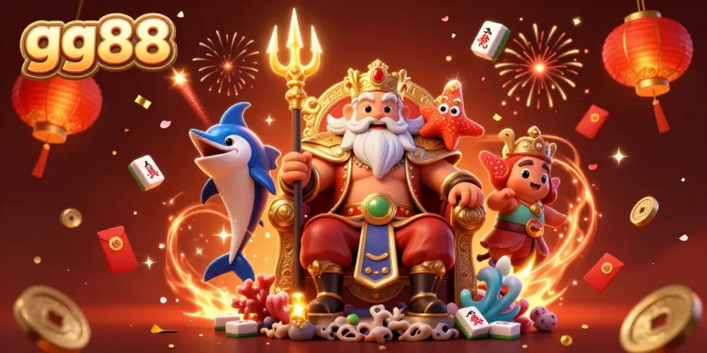 Experience the thrill of gg88 with Neptune and his guardian amidst festive gaming symbols.