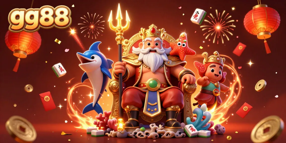 Experience the thrill of gg88 with Neptune and his guardian amidst festive gaming symbols.