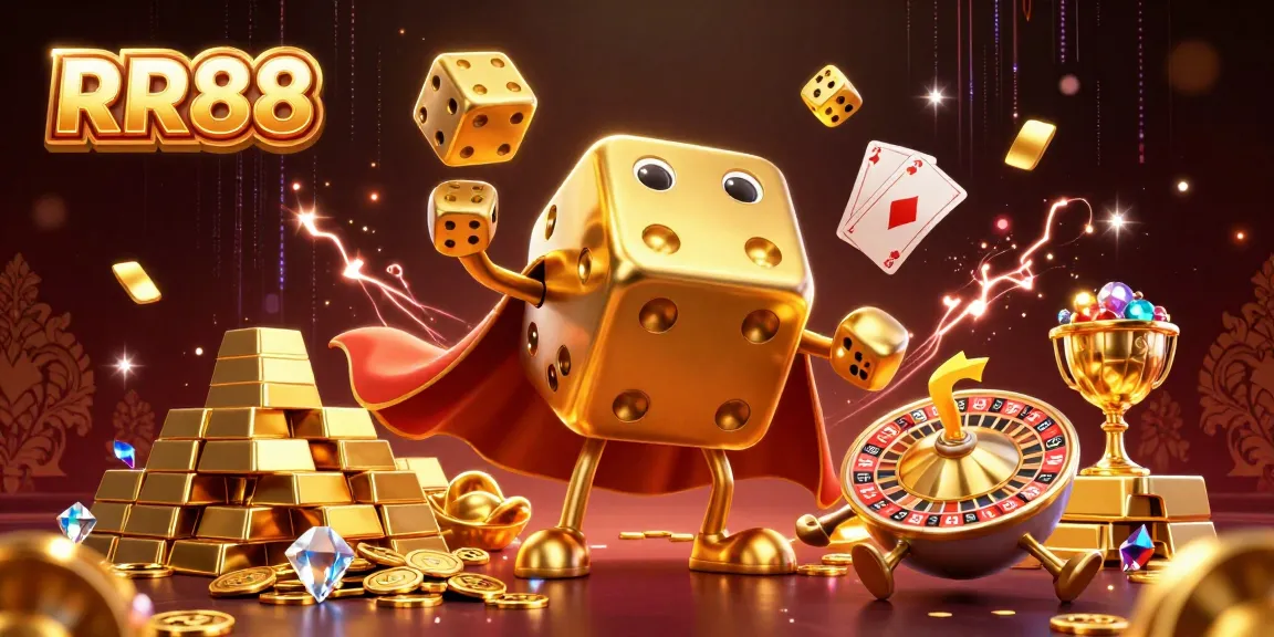 Experience the thrill of RR88 with golden dice and vibrant treasures in a lively casino setting.