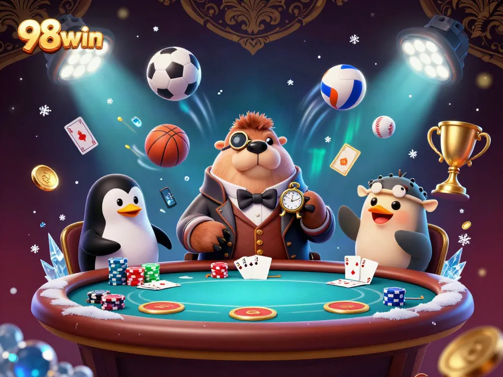Experience thrilling poker action with 98win in a vibrant underwater scene featuring a jolly walrus and sophisticated penguin dealer.